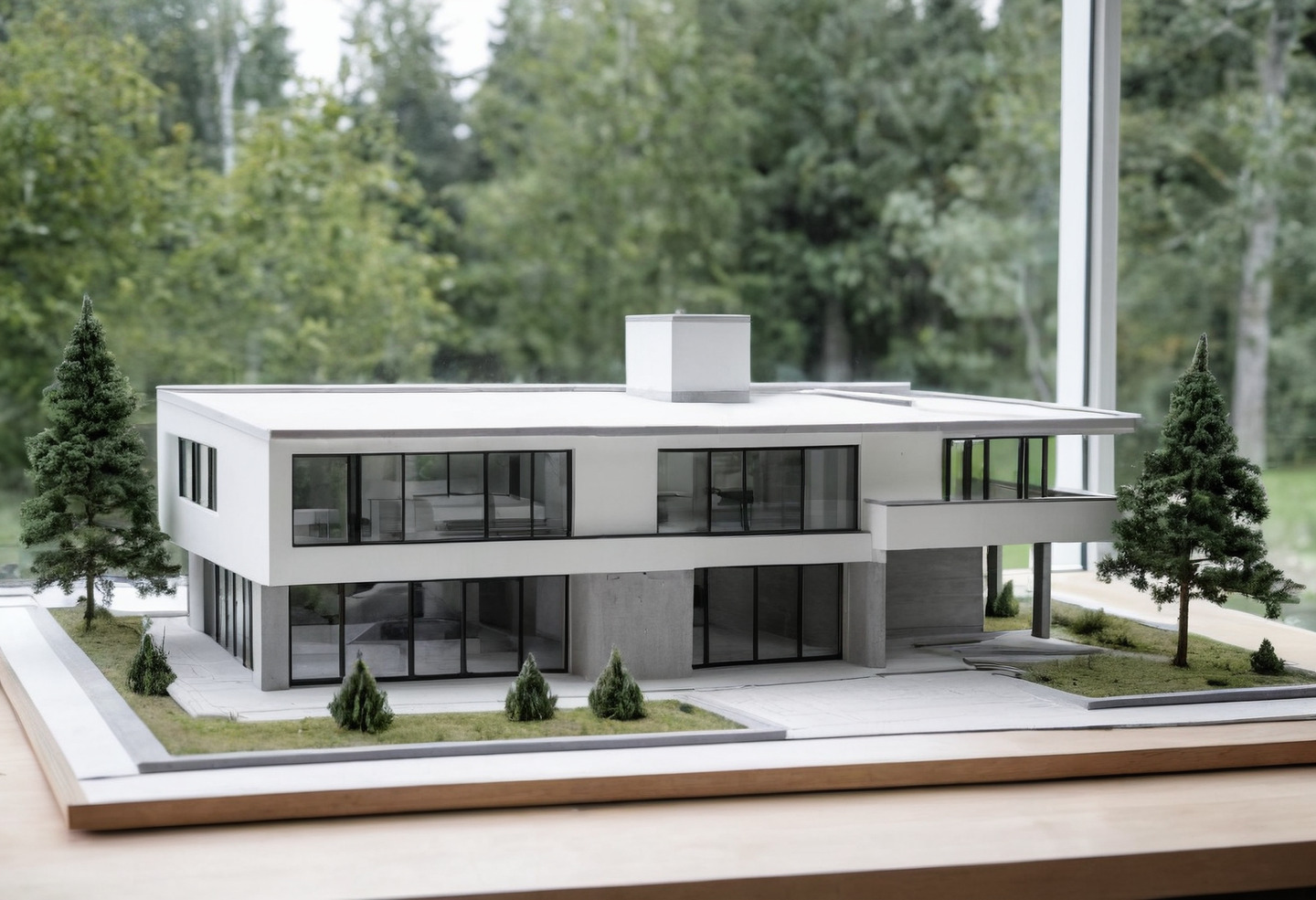 White architectural model of a modern house on a studio table in daylight