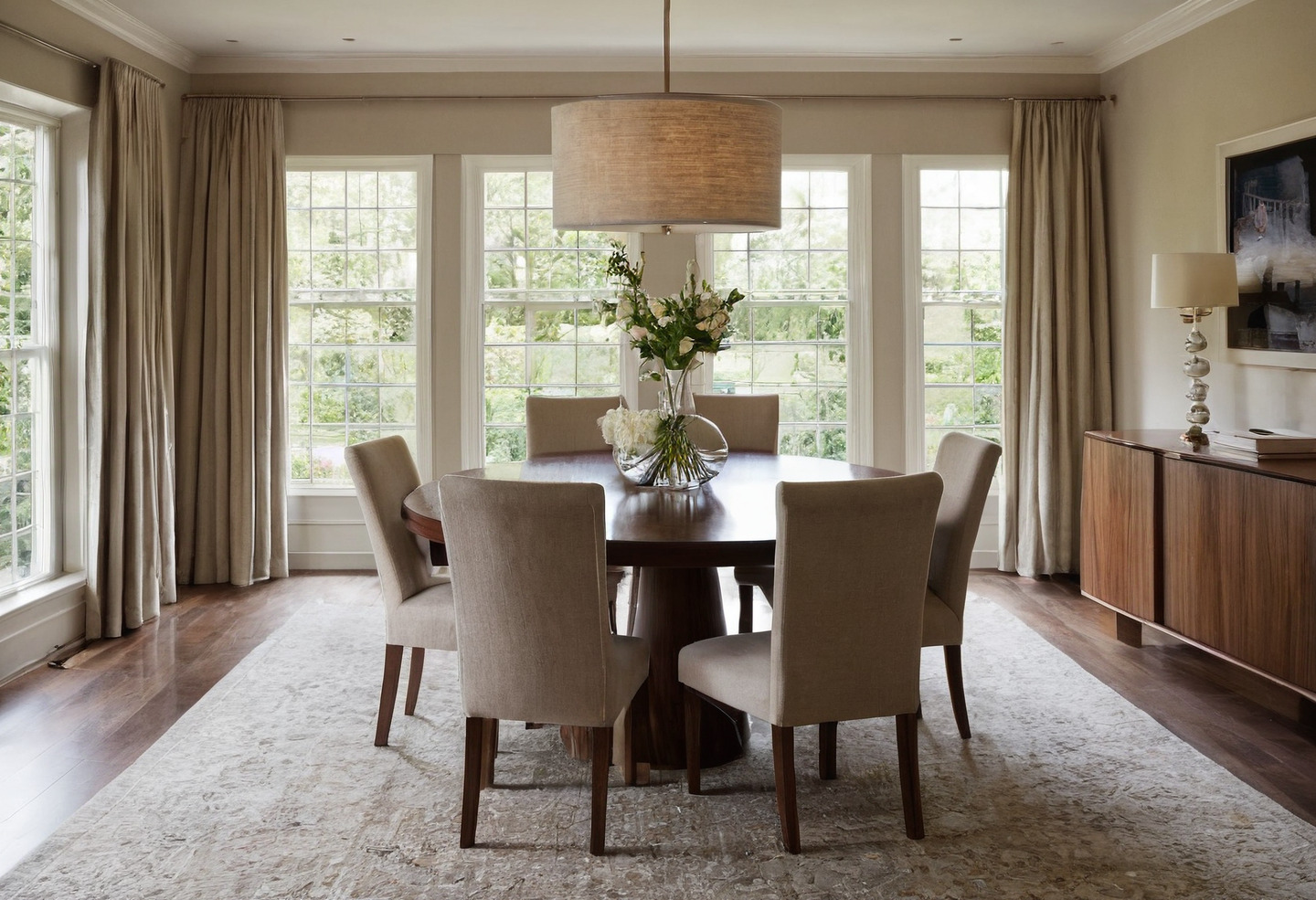 Finished dining room with a walnut table, upholstered chairs and a linen pendant lamp