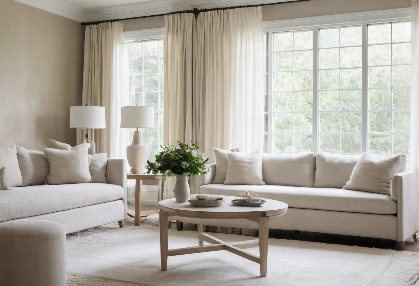 Bright living room designed by an interior designer, with a linen sofa, oak coffee table and tall windows