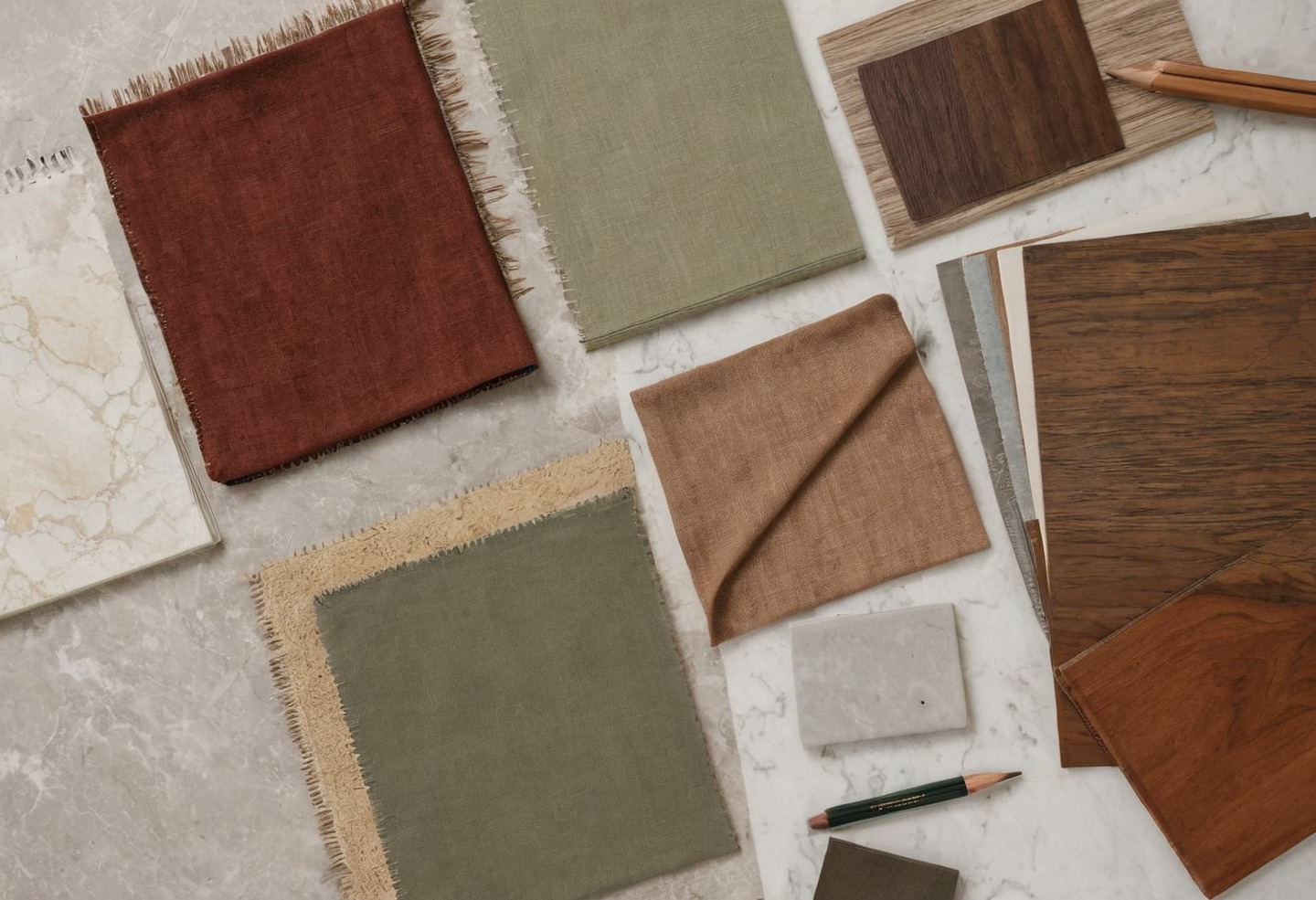 Interior designer's desk with fabric swatches, wood samples and a stone tile set out for a client scheme