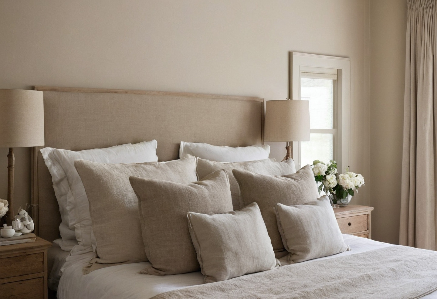Calm bedroom with an upholstered headboard, linen bedding and oak nightstands