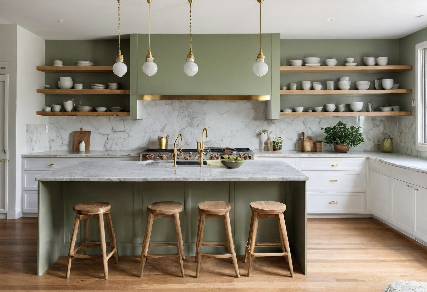 Kitchen with sage green cabinets, a marble island and brass pendant lights