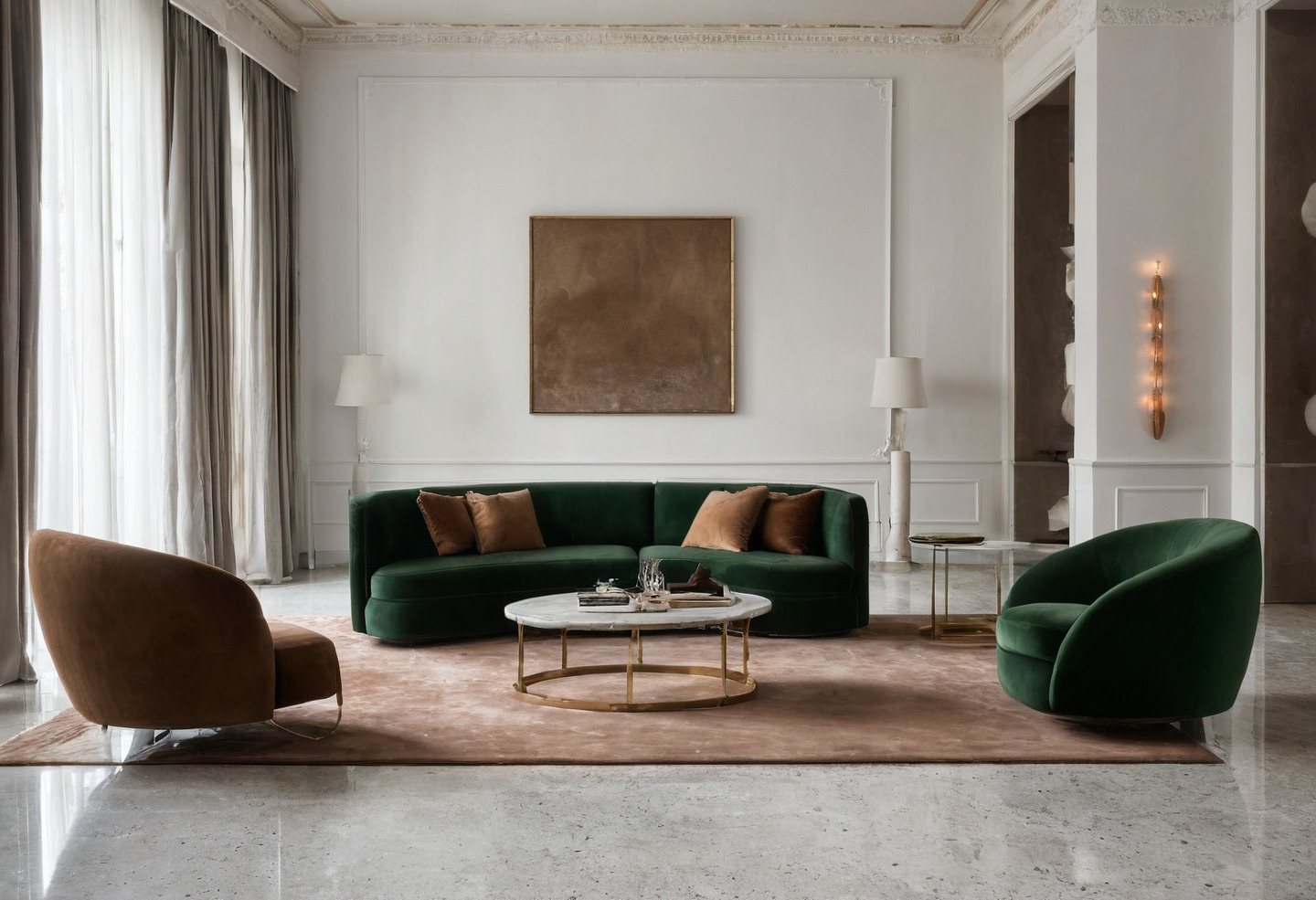 Furniture showroom with sofas, armchairs and floor lamps arranged in room sets
